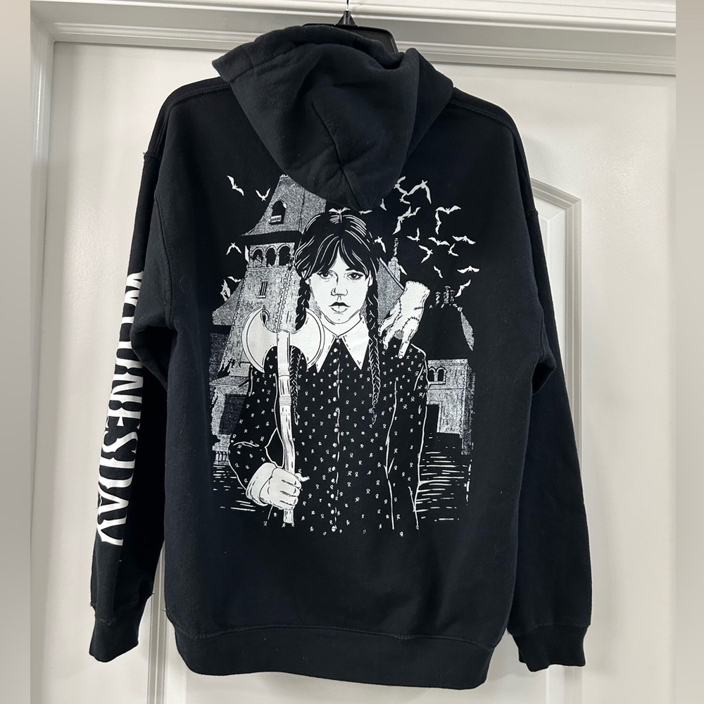 Wednesday Adam’s  black hoodie w/ awesome graphics on back/front. Size Medium